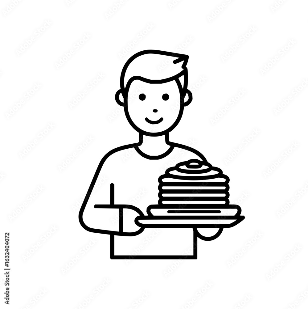 Poster a person holding a plate with a stack of pancakes in a line drawing style with a simple and clean de