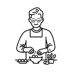 Man with glasses and apron is preparing food in a bowl with eggs and a plant on the table in black and white