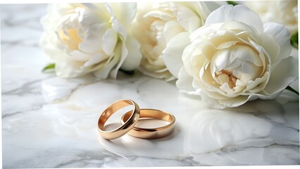 Elegant gold wedding rings nestled amongst creamy white peonies on marble.