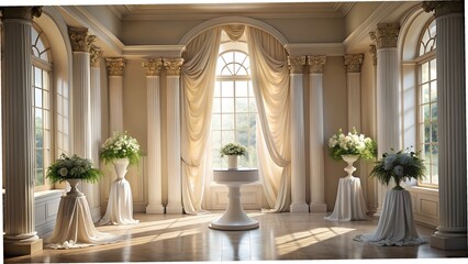 Elegant Classical Room: Sunlit Interior with White Flowers and Draped Curtains