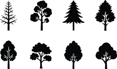  collection of tree silhouettes isolated on white background, perfect for naturethemed designs, logos, and educational materials with a clean aesthetic