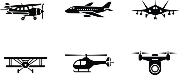  collection of aircraft silhouettes isolated on white background, perfect for aviationthemed designs, logos, and educational materials with a modern touch