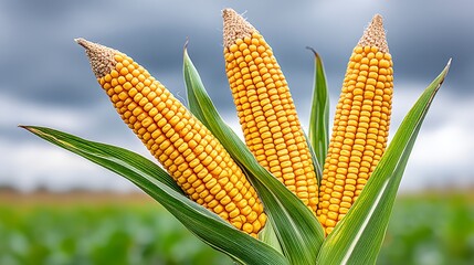 Ripe Yellow Corn Ears on the Stalk in a Field