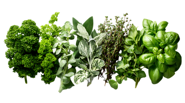A row of various fresh culinary herbs, including curly parsley, thyme, variegated oregano, flat-leaf parsley, and basil, each displaying its unique leaf shape and texture.