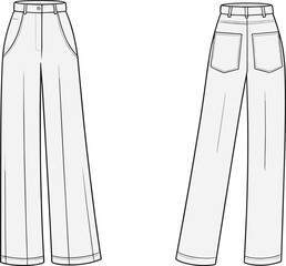 CAD drawing, flat vector illustration, straight leg trousers design, front and back view, technical fashion sketch, minimalist pants template