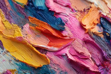 Vibrant abstract paint strokes in pink, blue, yellow and purple colors creating artistic textured background perfect for creative design projects