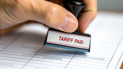 Tag and tariff logistics concept. A hand stamps "TARIFF PAID" on a document, indicating completion of a transaction or payment.