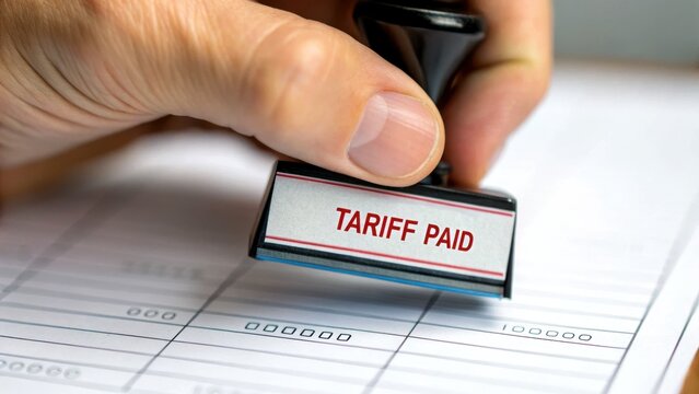 Tag and tariff logistics concept. A hand stamps "TARIFF PAID" on a document, indicating completion of a transaction or payment.