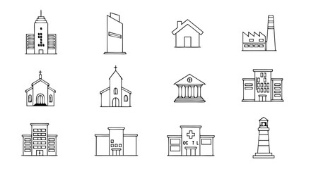 Obraz premium Architectural Outlines: Minimalist Building Icons Illustrating Diverse Structures and Purposes, Providing a Simple, Clear Representation of Various