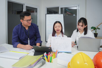 Engineer young asian new project meeting. Teamwork people engineer consultant brainstorm. Architect...