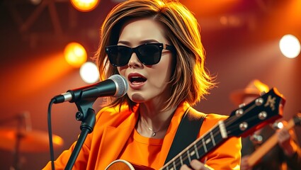 Stylish female singer in orange outfit and sunglasses performing live with guitar in stage lighting