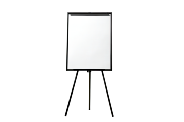 Empty white flip chart on a black tripod stand