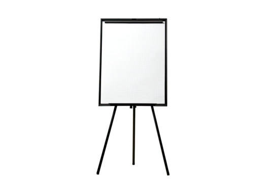 Empty white flip chart on a black tripod stand