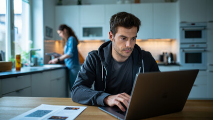 Obraz premium A person in a dark hoodie sits at a kitchen table, working on a laptop with documents nearby, as another figure moves in the background of a modern, brightly-lit kitchen.