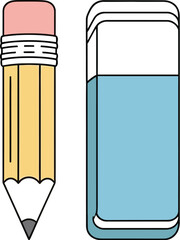 Yellow pencil and blue eraser on a white plain background, minimal