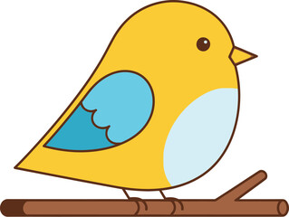 Yellow Bird on Branch, Cute Cartoon Style Illustration on Beige