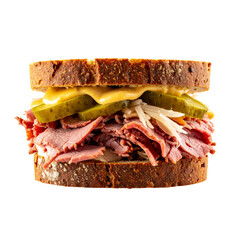 Transparent PNG available Pastrami sandwich on rye bread with mustard and pickles, presented in a simplistic manner, isolated on white transparent background