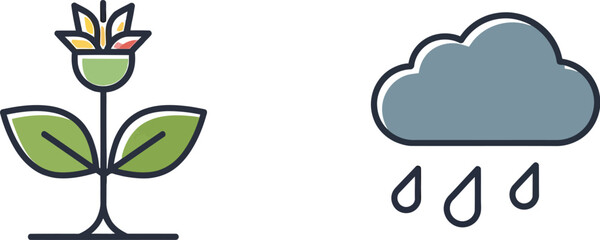 Flower and Cloud with Raindrops on a Beige Background, Illustration