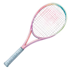Watercolor tennis racket with colorful strings isolated on a transparent background sport equipment