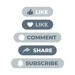 Fototapeta premium Social Media Interaction Buttons Vector Set. Like Comment Share Subscribe Flat UI Elements in Grey and Blue Color. Vector Illustration of Call to Action Buttons for Online Engagement Interface