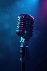Iconic microphone bathed in cool blue stage light , details, sound recording, object