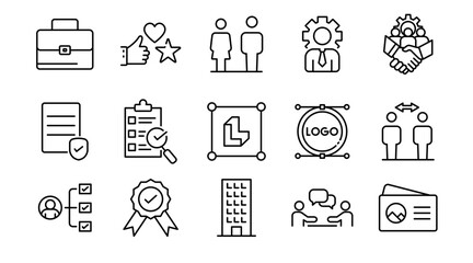 Fototapeta premium Corporate business linear icon set. Office, team, leadership, meeting, strategy, employee, management, success, briefcase, chart, partnership, startup, workplace vector icon set. UI thin line pack