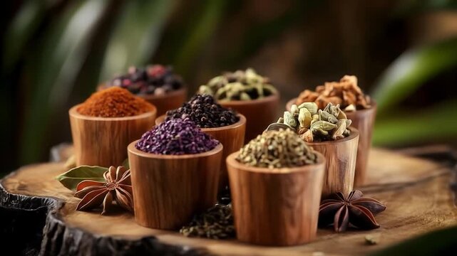Assorted Spices in Wooden Bowls on a Tree Stump