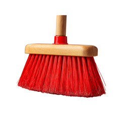 Red broom with wooden handle isolated on white background
