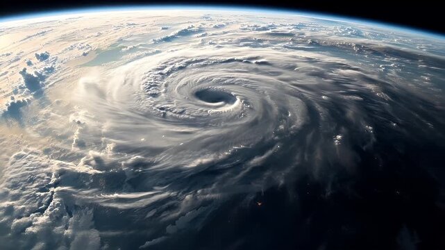 Aerial view of a tropical cyclone in space, with swirling clouds and a vast expanse of Earth visible.