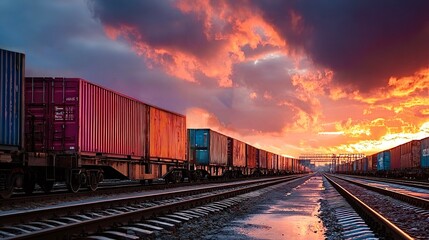 Fototapeta premium Freight train carrying cargo containers at sunset
