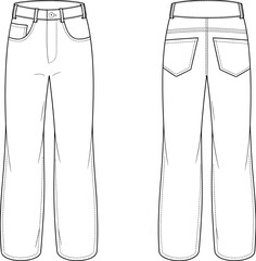 CAD drawing, flat vector illustration, women's casual jeans, front and back view, belt loops, button closure, garment design, technical sketch