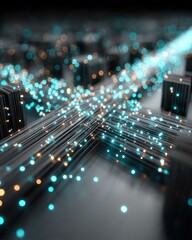 Glowing data packets flowing through network tunnels
