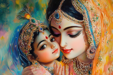 Lord Krishna with mother Yashoda painting indian god illustration