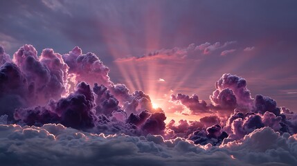 Fototapeta premium A stunning sunrise behind a supernova light, with the sun casting rays through vibrant purple and violet clouds, creating a dramatic and beautiful scene.