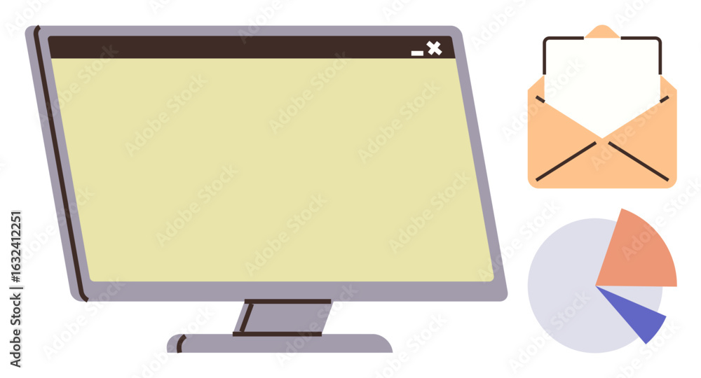 Poster computer monitor, open envelope with paper, pie chart in modern flat style. ideal for communication,