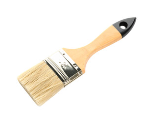 Wooden paint brush with bristles, metal ferrule, and black handle on transparent background