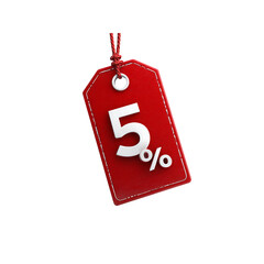 Red discount tag with white 5% text and string on white background