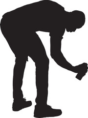  vector silhouette side view of a crouched man painting with spray paint
