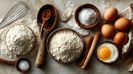 Baking ingredients and utensils arranged on a white background isolated on white background