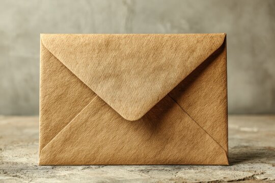 A close-up of a rustic brown kraft paper envelope on a textured surface.