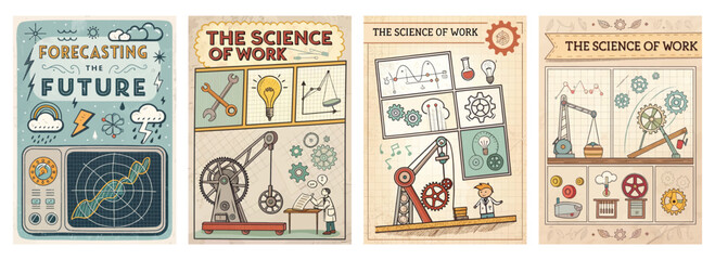 Set of four posters featuring vintage-style illustrations of future forecasting and work science