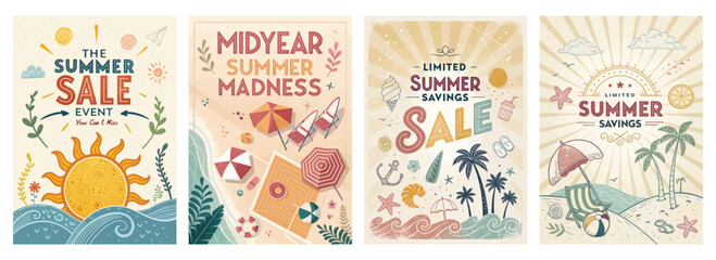 Naklejka premium Set of four posters featuring vibrant summer sale beach scenes and playful motifs