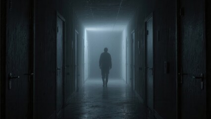 A mysterious figure walks down a dimly lit corridor, shrouded in fog, creating an eerie and suspenseful atmosphere.