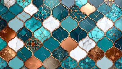 Realistic HD abstract background inspired by Turkish culture, vivid royal blue, copper, and turquoise tones with geometric patterns resembling Iznik tiles, layered textures with metallic accents and g