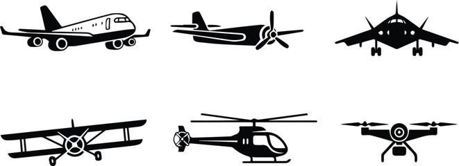  collection of aircraft icons, isolated on white background, featuring airplane, helicopter, drone, and biplane in a simple and minimalist design