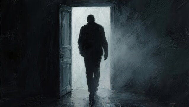 A silhouette of a person walking towards a bright light through an open door, creating a dramatic and mysterious atmosphere.
