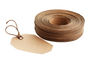 Rustic twine roll and blank paper tag isolated on transparent background. Blank eco friendly kraft paper tag with a string perfect for labeling products or gifts isolated on white background.