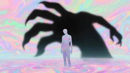 A surreal scene featuring a pale figure surrounded by colorful, swirling patterns, with a large shadow of a claw-like hand looming ominously above.