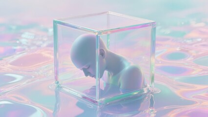 A serene, ethereal depiction of a figure encased in a transparent cube, surrounded by iridescent water, evoking themes of isolation and introspection.