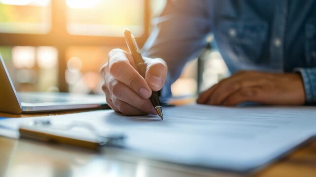 Close-up person signing document at desk with laptop nearby. This portrays focused, professional setting, ideal for illustrating business activities or financial transactions.